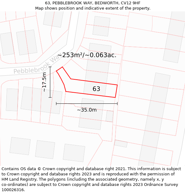 63, PEBBLEBROOK WAY, BEDWORTH, CV12 9HF: Plot and title map