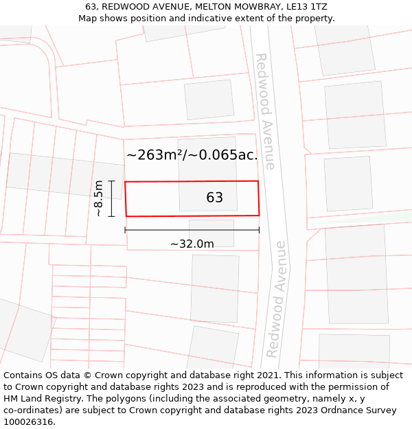 63, REDWOOD AVENUE, MELTON MOWBRAY, LE13 1TZ: Plot and title map