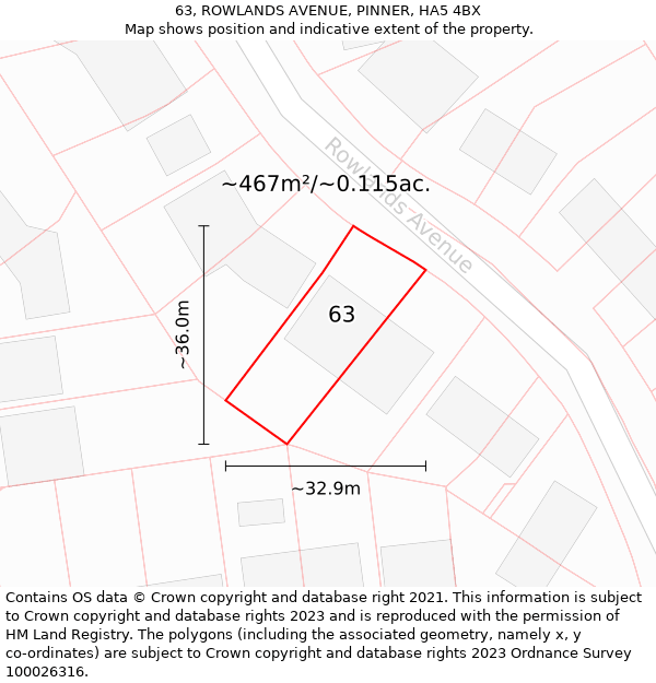 63, ROWLANDS AVENUE, PINNER, HA5 4BX: Plot and title map
