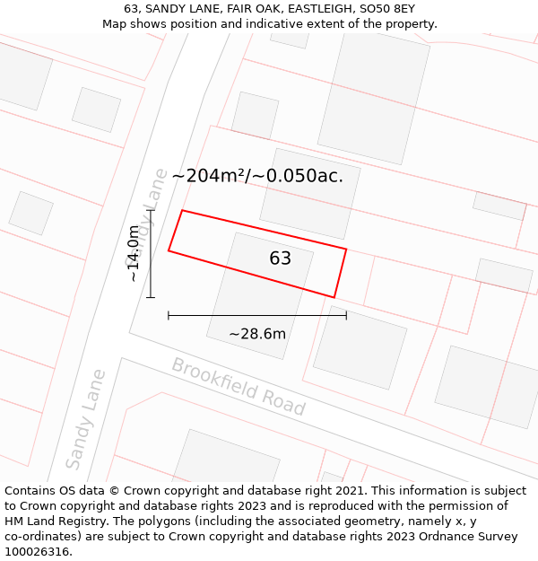 63, SANDY LANE, FAIR OAK, EASTLEIGH, SO50 8EY: Plot and title map