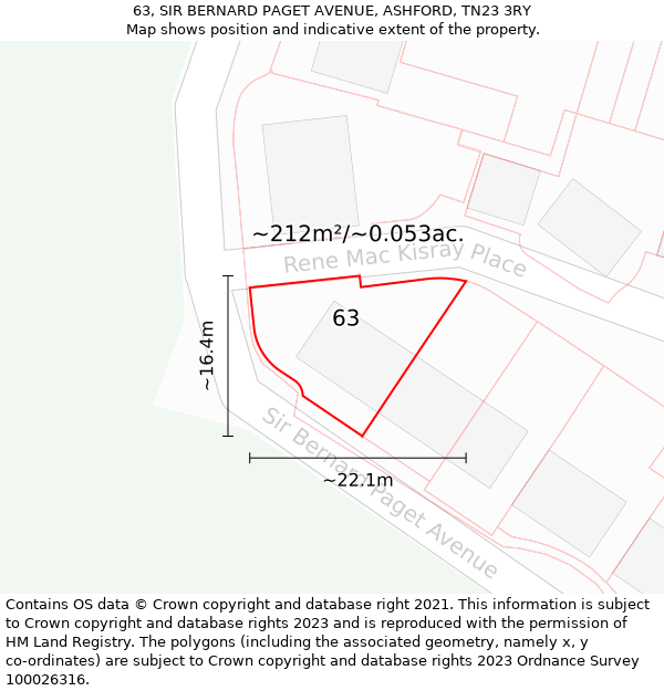 63, SIR BERNARD PAGET AVENUE, ASHFORD, TN23 3RY: Plot and title map