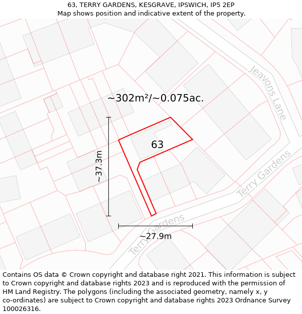 63, TERRY GARDENS, KESGRAVE, IPSWICH, IP5 2EP: Plot and title map