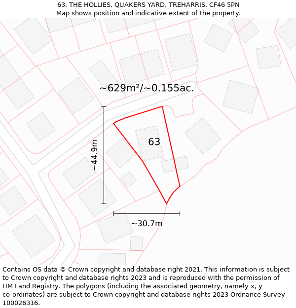 63, THE HOLLIES, QUAKERS YARD, TREHARRIS, CF46 5PN: Plot and title map