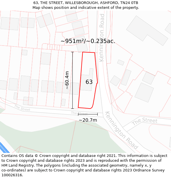 63, THE STREET, WILLESBOROUGH, ASHFORD, TN24 0TB: Plot and title map