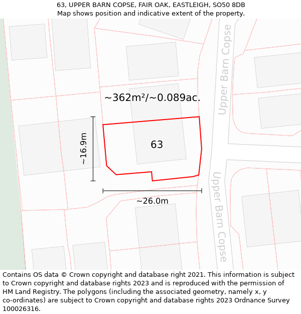 63, UPPER BARN COPSE, FAIR OAK, EASTLEIGH, SO50 8DB: Plot and title map