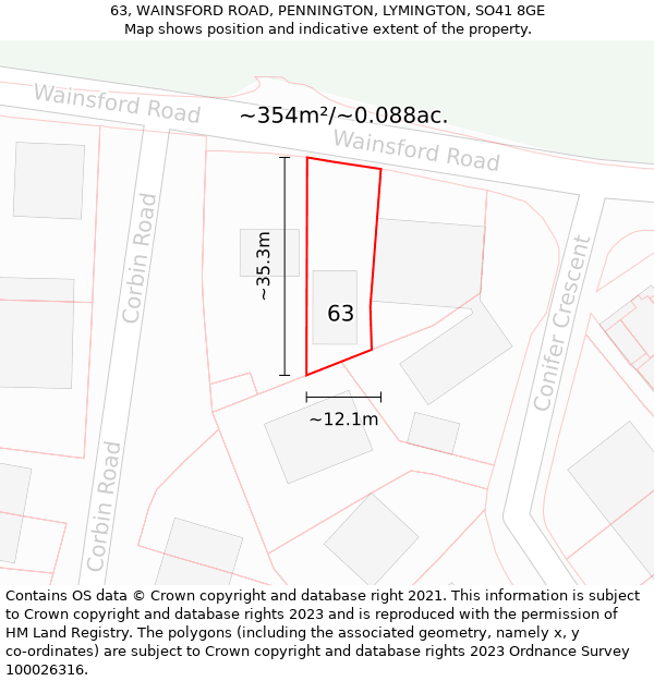 63, WAINSFORD ROAD, PENNINGTON, LYMINGTON, SO41 8GE: Plot and title map