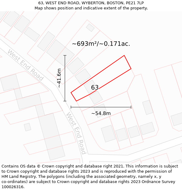 63, WEST END ROAD, WYBERTON, BOSTON, PE21 7LP: Plot and title map