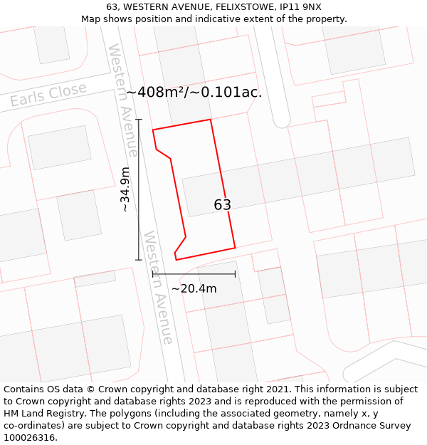 63, WESTERN AVENUE, FELIXSTOWE, IP11 9NX: Plot and title map