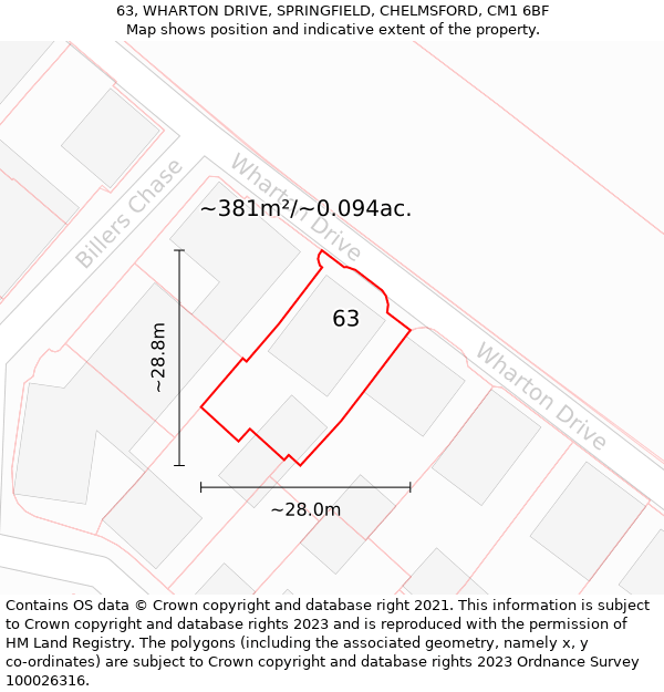 63, WHARTON DRIVE, SPRINGFIELD, CHELMSFORD, CM1 6BF: Plot and title map