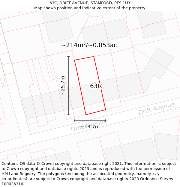 63C, DRIFT AVENUE, STAMFORD, PE9 1UY: Plot and title map