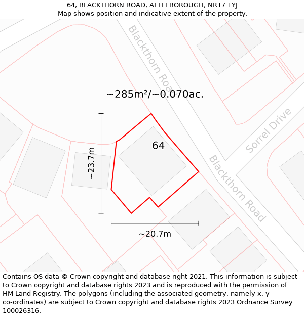 64, BLACKTHORN ROAD, ATTLEBOROUGH, NR17 1YJ: Plot and title map