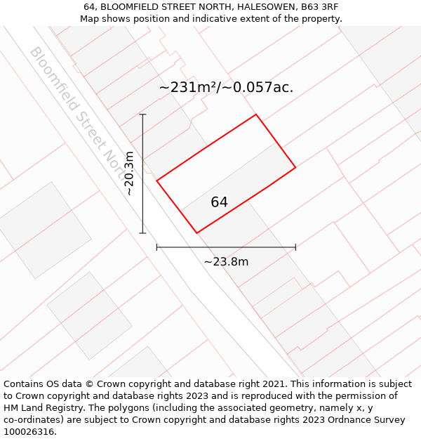 64, BLOOMFIELD STREET NORTH, HALESOWEN, B63 3RF: Plot and title map