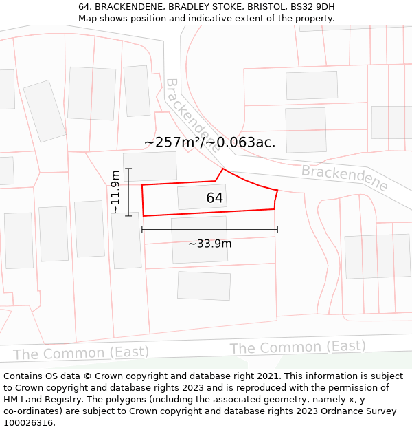 64, BRACKENDENE, BRADLEY STOKE, BRISTOL, BS32 9DH: Plot and title map