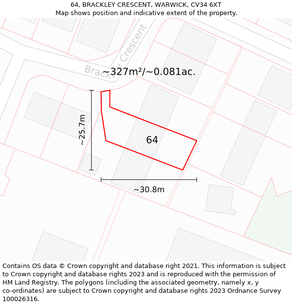 64, BRACKLEY CRESCENT, WARWICK, CV34 6XT: Plot and title map