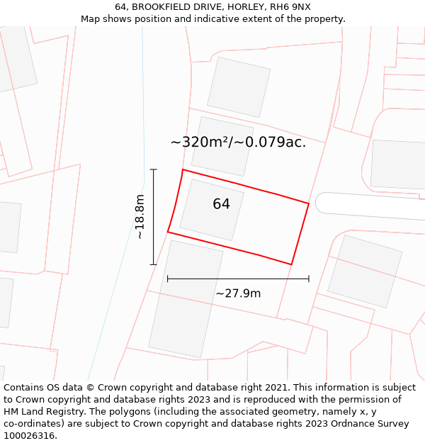 64, BROOKFIELD DRIVE, HORLEY, RH6 9NX: Plot and title map