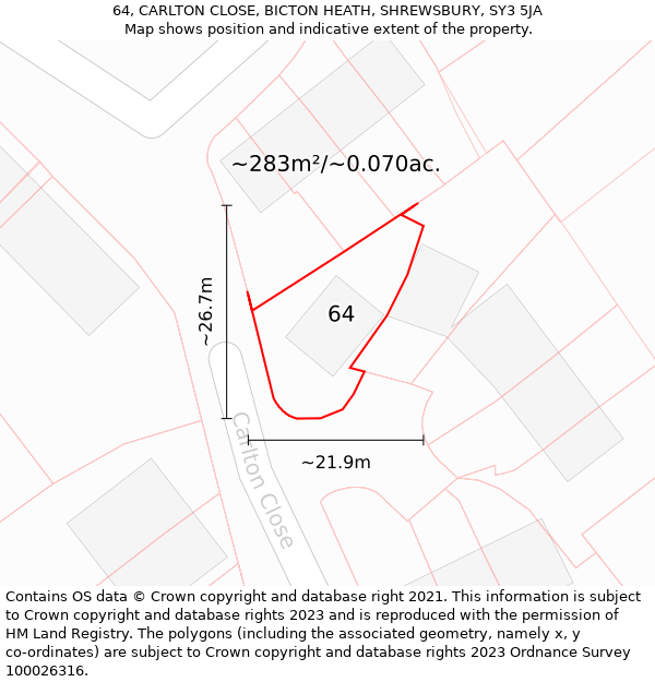 64, CARLTON CLOSE, BICTON HEATH, SHREWSBURY, SY3 5JA: Plot and title map