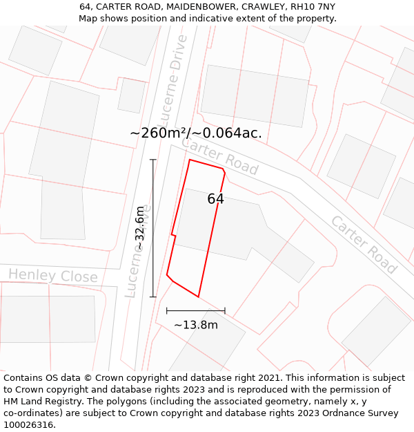 64, CARTER ROAD, MAIDENBOWER, CRAWLEY, RH10 7NY: Plot and title map