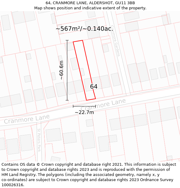 64, CRANMORE LANE, ALDERSHOT, GU11 3BB: Plot and title map