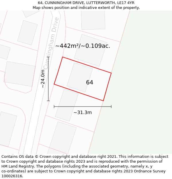 64, CUNNINGHAM DRIVE, LUTTERWORTH, LE17 4YR: Plot and title map