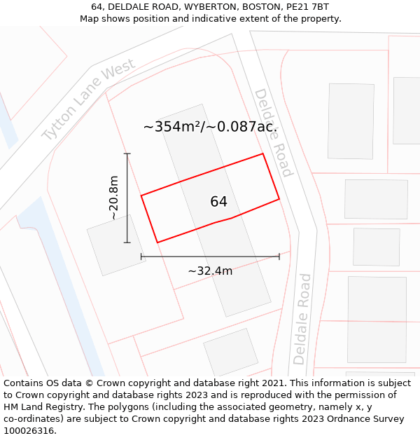 64, DELDALE ROAD, WYBERTON, BOSTON, PE21 7BT: Plot and title map