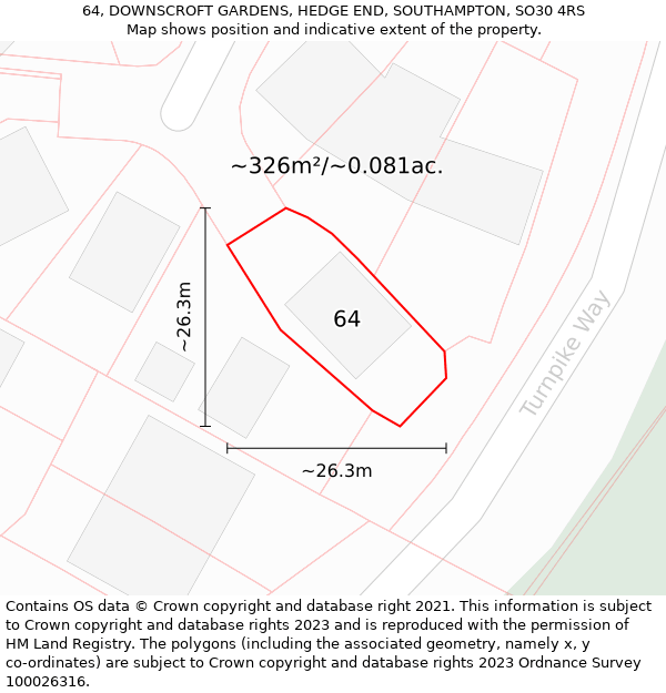 64, DOWNSCROFT GARDENS, HEDGE END, SOUTHAMPTON, SO30 4RS: Plot and title map