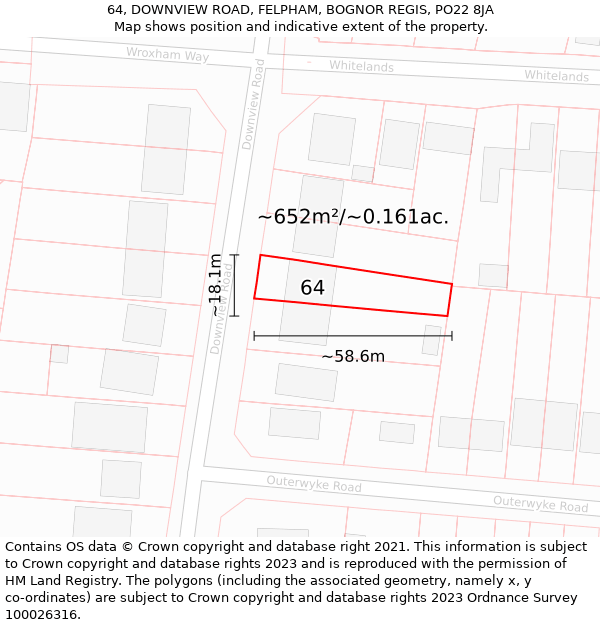 64, DOWNVIEW ROAD, FELPHAM, BOGNOR REGIS, PO22 8JA: Plot and title map