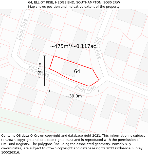 64, ELLIOT RISE, HEDGE END, SOUTHAMPTON, SO30 2RW: Plot and title map