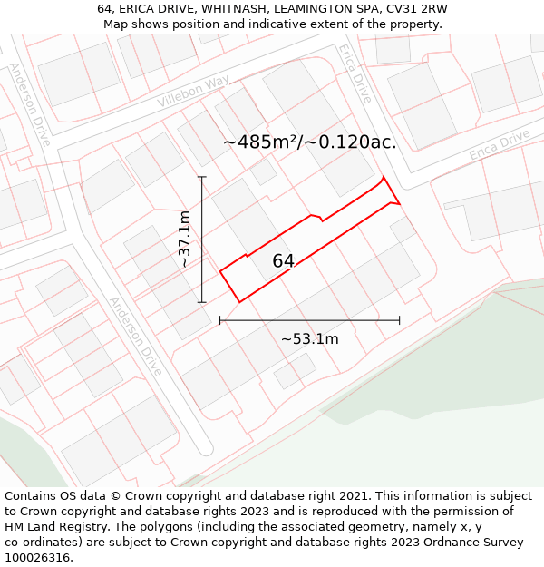 64, ERICA DRIVE, WHITNASH, LEAMINGTON SPA, CV31 2RW: Plot and title map