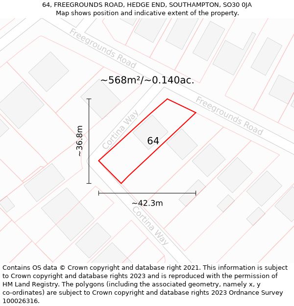 64, FREEGROUNDS ROAD, HEDGE END, SOUTHAMPTON, SO30 0JA: Plot and title map