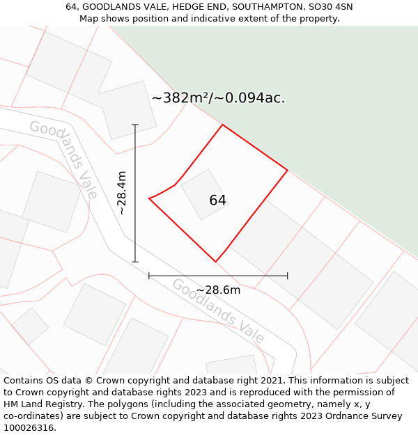 64, GOODLANDS VALE, HEDGE END, SOUTHAMPTON, SO30 4SN: Plot and title map