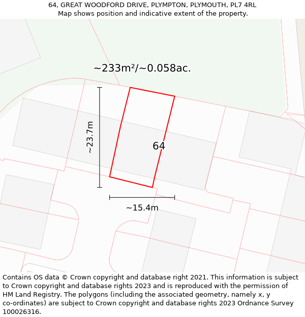 64, GREAT WOODFORD DRIVE, PLYMPTON, PLYMOUTH, PL7 4RL: Plot and title map