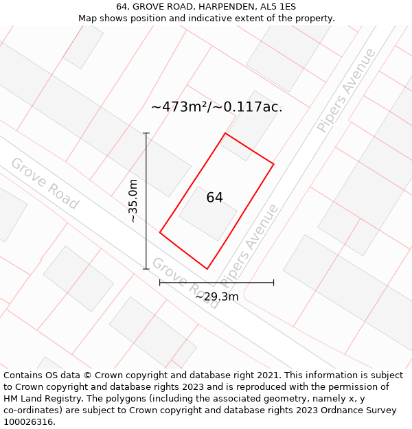 64, GROVE ROAD, HARPENDEN, AL5 1ES: Plot and title map