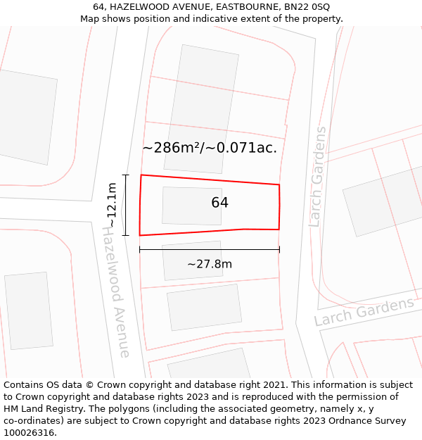64, HAZELWOOD AVENUE, EASTBOURNE, BN22 0SQ: Plot and title map