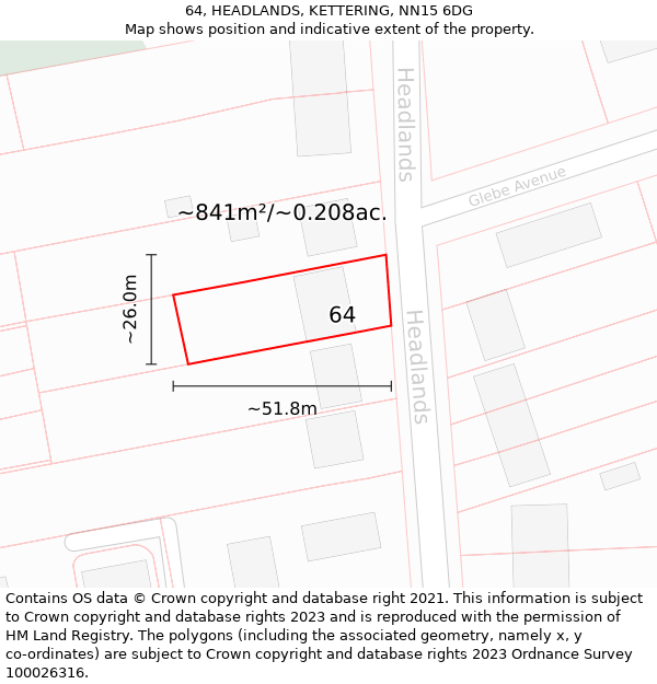 64, HEADLANDS, KETTERING, NN15 6DG: Plot and title map