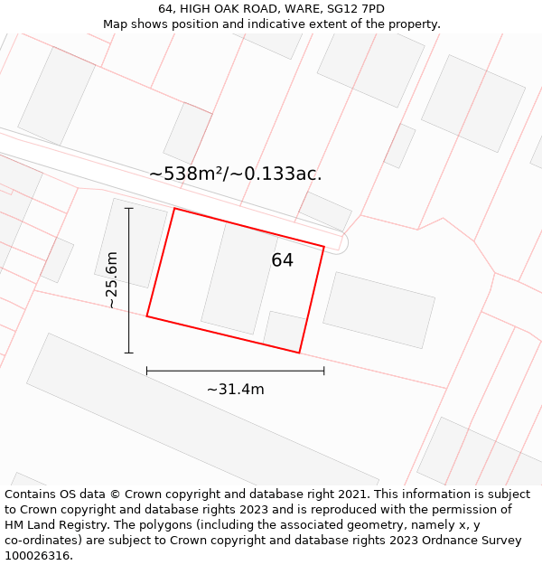 64, HIGH OAK ROAD, WARE, SG12 7PD: Plot and title map