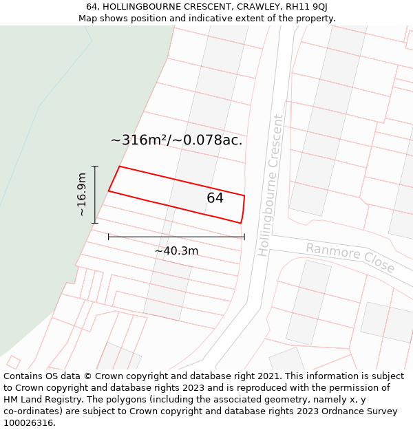 64, HOLLINGBOURNE CRESCENT, CRAWLEY, RH11 9QJ: Plot and title map