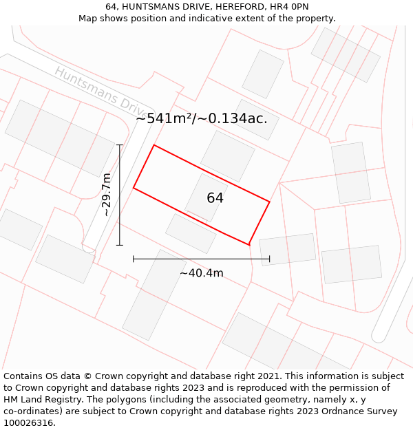 64, HUNTSMANS DRIVE, HEREFORD, HR4 0PN: Plot and title map