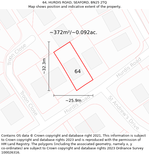 64, HURDIS ROAD, SEAFORD, BN25 2TQ: Plot and title map