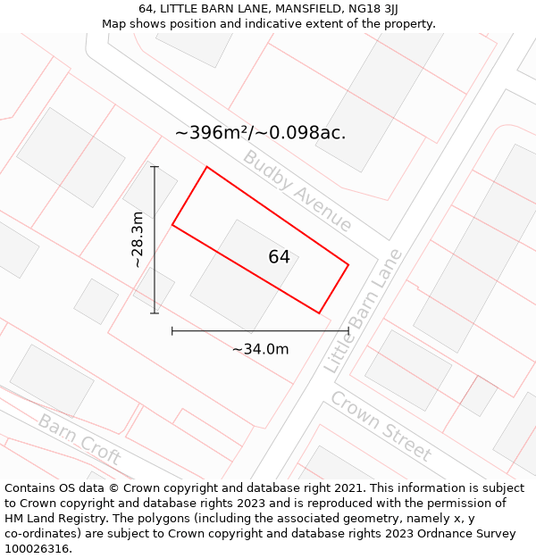 64, LITTLE BARN LANE, MANSFIELD, NG18 3JJ: Plot and title map