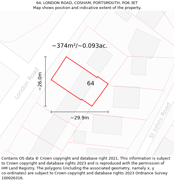 64, LONDON ROAD, COSHAM, PORTSMOUTH, PO6 3ET: Plot and title map