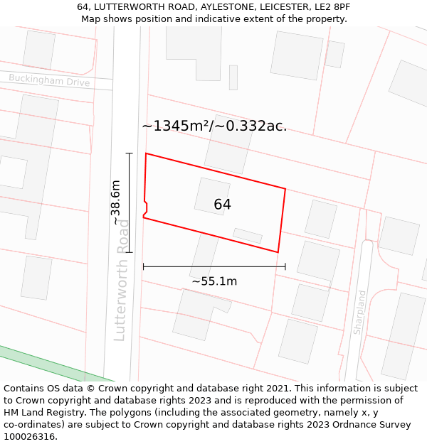 64, LUTTERWORTH ROAD, AYLESTONE, LEICESTER, LE2 8PF: Plot and title map