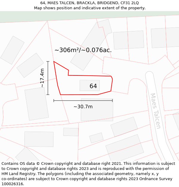 64, MAES TALCEN, BRACKLA, BRIDGEND, CF31 2LQ: Plot and title map