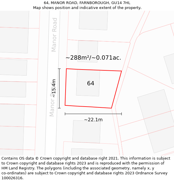 64, MANOR ROAD, FARNBOROUGH, GU14 7HL: Plot and title map