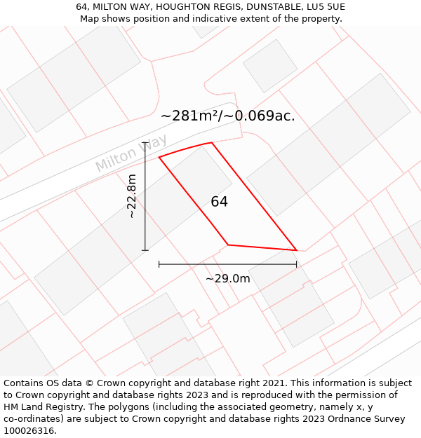 64, MILTON WAY, HOUGHTON REGIS, DUNSTABLE, LU5 5UE: Plot and title map