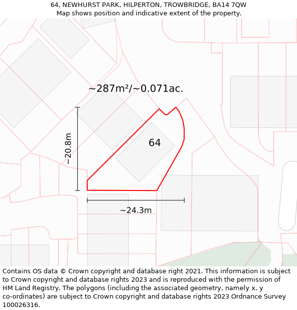 64, NEWHURST PARK, HILPERTON, TROWBRIDGE, BA14 7QW: Plot and title map