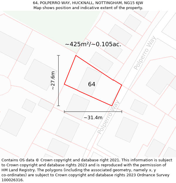 64, POLPERRO WAY, HUCKNALL, NOTTINGHAM, NG15 6JW: Plot and title map