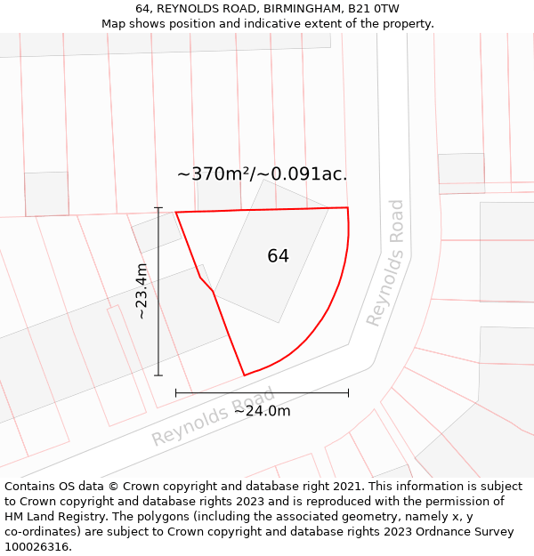 64, REYNOLDS ROAD, BIRMINGHAM, B21 0TW: Plot and title map