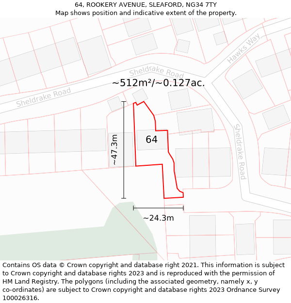 64, ROOKERY AVENUE, SLEAFORD, NG34 7TY: Plot and title map