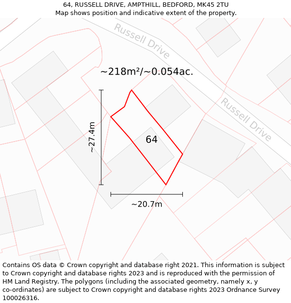 64, RUSSELL DRIVE, AMPTHILL, BEDFORD, MK45 2TU: Plot and title map