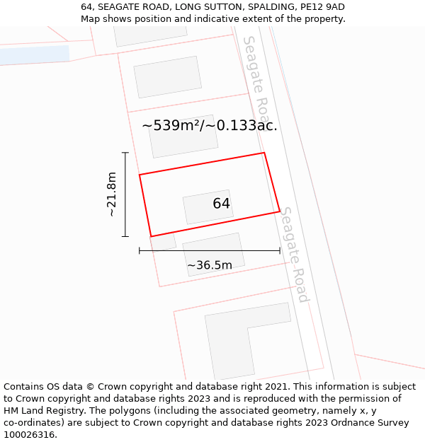 64, SEAGATE ROAD, LONG SUTTON, SPALDING, PE12 9AD: Plot and title map